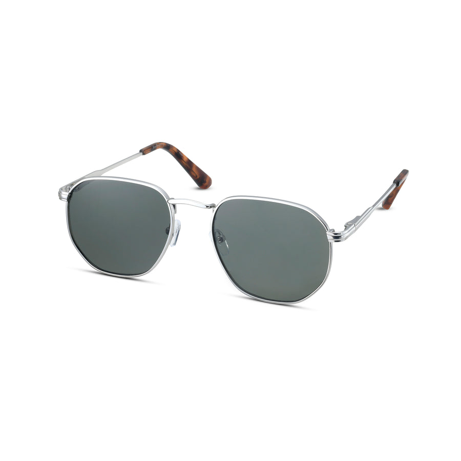 Weatherproof Vintage Designer Sunglasses for Men, UV400 Protection, Durable Metal Square Aviator Frame with Tortoise Tip - Matte Silver - Newport by