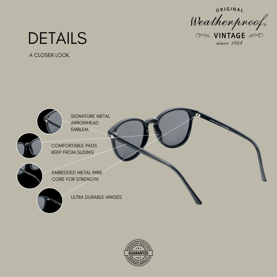 WEATHERPROOF VINTAGE Designer Sunglasses for Men & Women, UV400 Protection, Oval Frame Embedded with Metal Wire Core for Strength - Black - Telluride - TWELVE